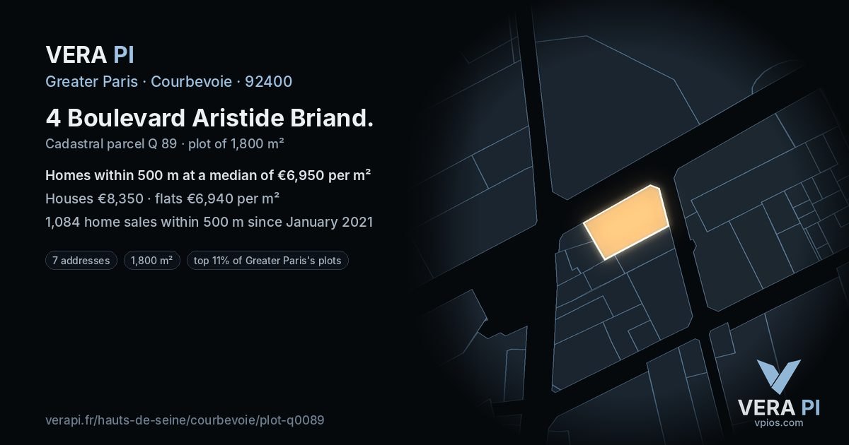4 Boulevard Aristide Briand, Courbevoie at night – the plot lit, the parcels around coloured by the prices near them