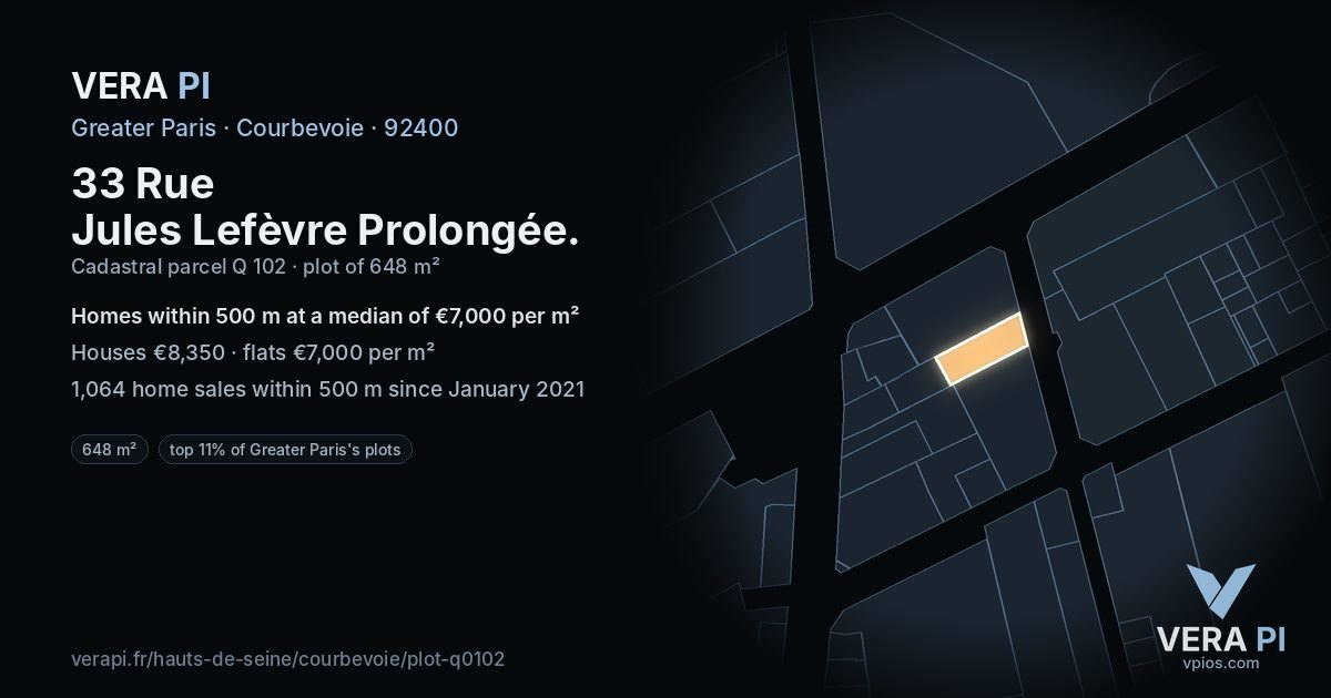 33 Rue Jules Lefèvre Prolongée, Courbevoie at night – the plot lit, the parcels around coloured by the prices near them