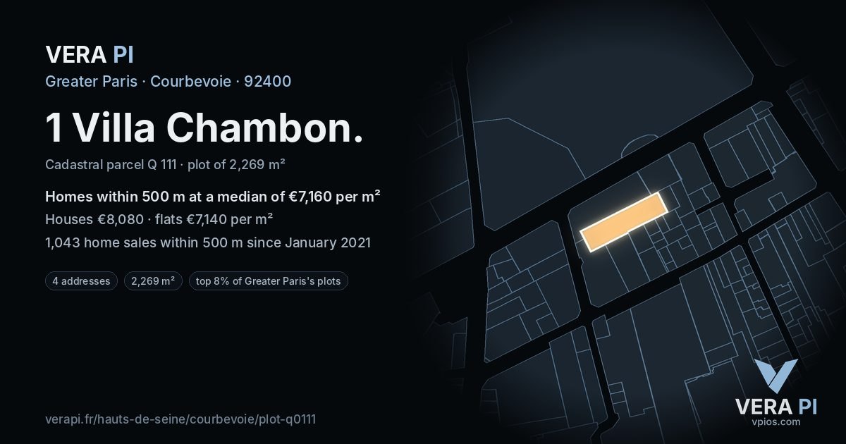 1 Villa Chambon, Courbevoie at night – the plot lit, the parcels around coloured by the prices near them