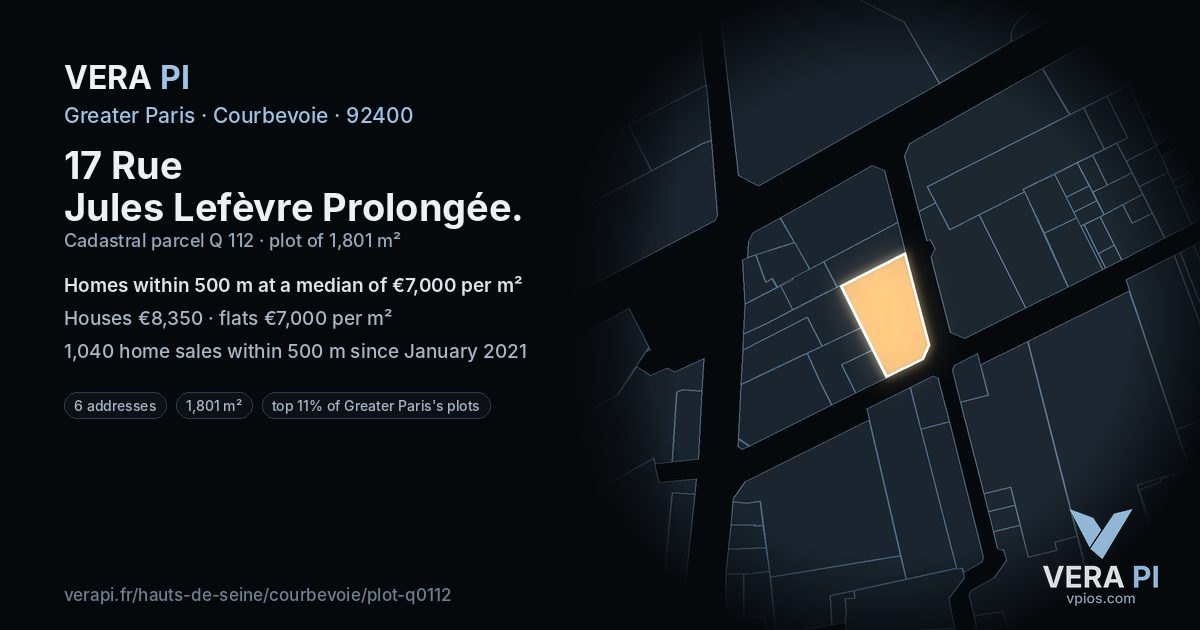 17 Rue Jules Lefèvre Prolongée, Courbevoie at night – the plot lit, the parcels around coloured by the prices near them