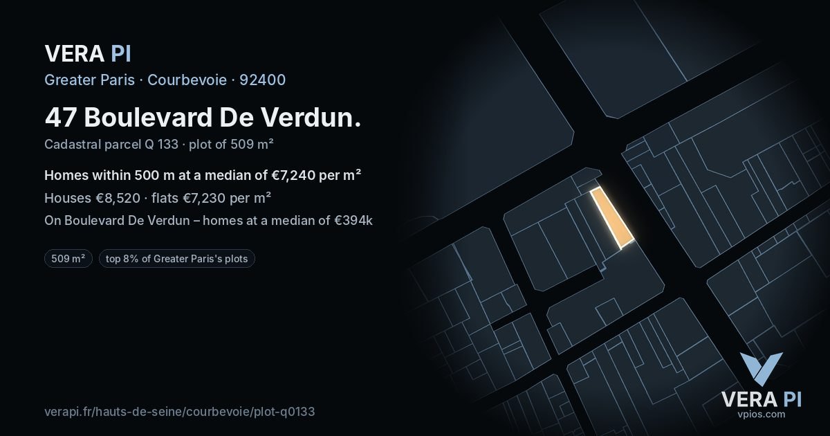 47 Boulevard De Verdun, Courbevoie at night – the plot lit, the parcels around coloured by the prices near them