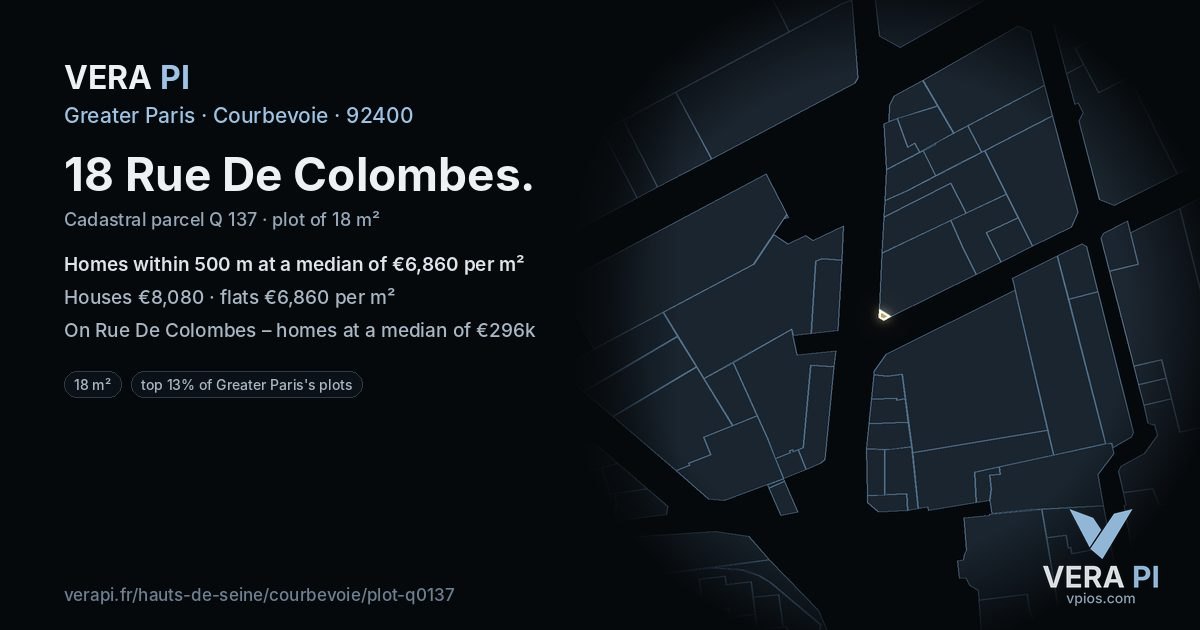 18 Rue De Colombes, Courbevoie at night – the plot lit, the parcels around coloured by the prices near them