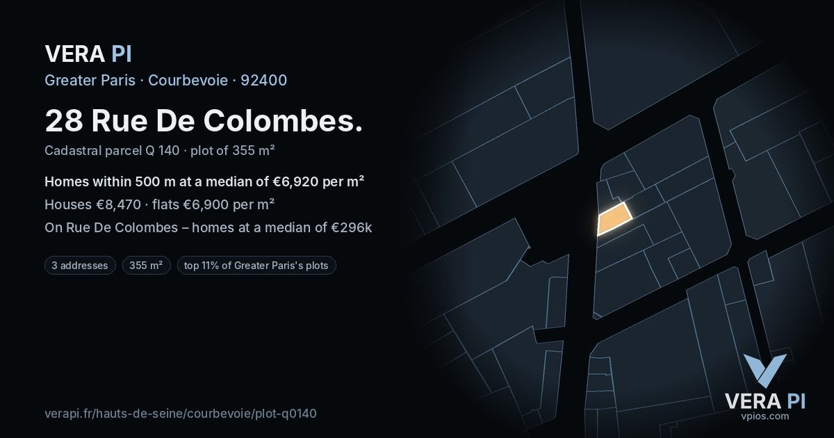 28 Rue De Colombes, Courbevoie at night – the plot lit, the parcels around coloured by the prices near them