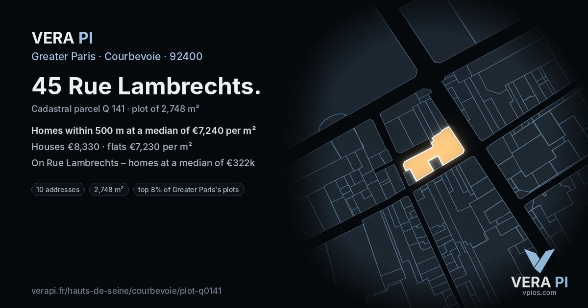 45 Rue Lambrechts, Courbevoie at night – the plot lit, the parcels around coloured by the prices near them