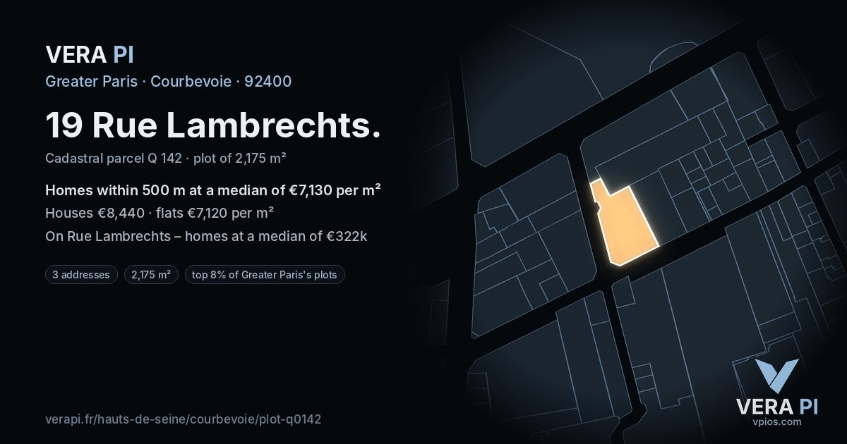 19 Rue Lambrechts, Courbevoie at night – the plot lit, the parcels around coloured by the prices near them