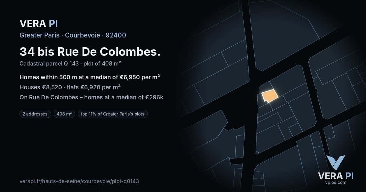 34 bis Rue De Colombes, Courbevoie at night – the plot lit, the parcels around coloured by the prices near them