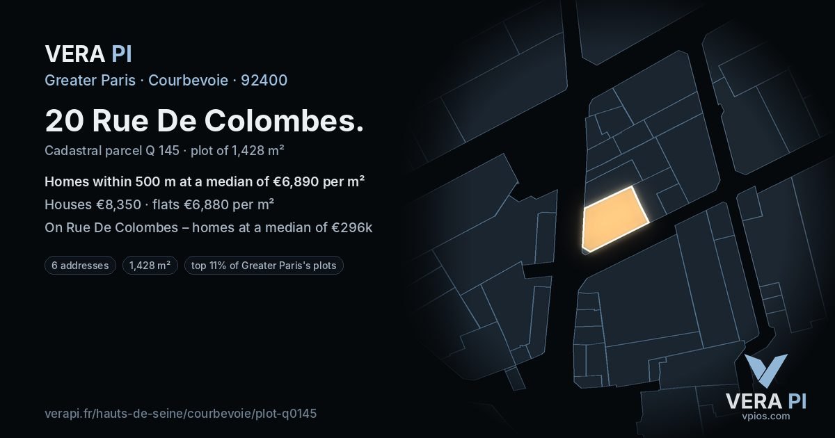 20 Rue De Colombes, Courbevoie at night – the plot lit, the parcels around coloured by the prices near them