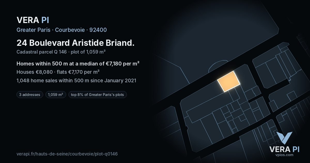 24 Boulevard Aristide Briand, Courbevoie at night – the plot lit, the parcels around coloured by the prices near them