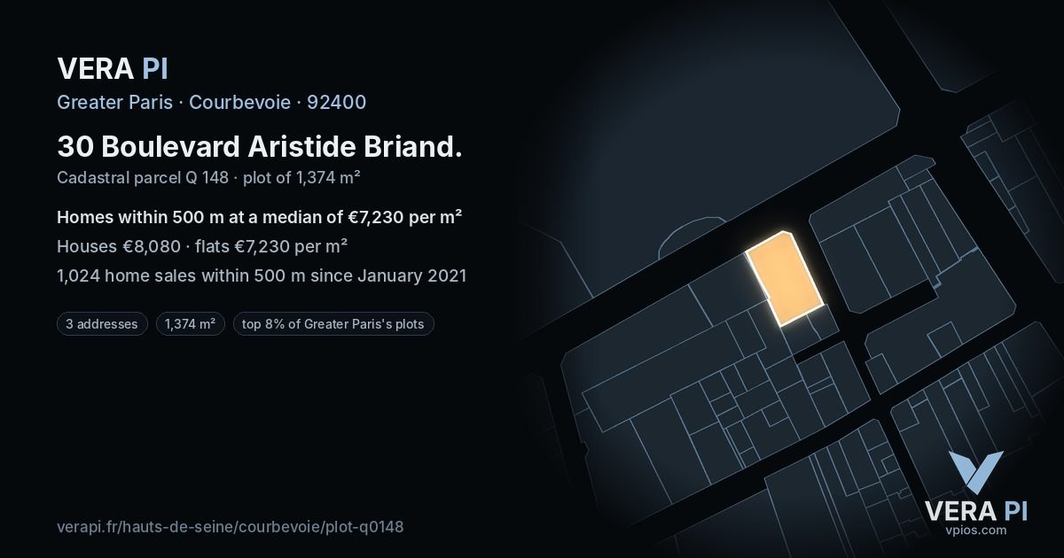 30 Boulevard Aristide Briand, Courbevoie at night – the plot lit, the parcels around coloured by the prices near them