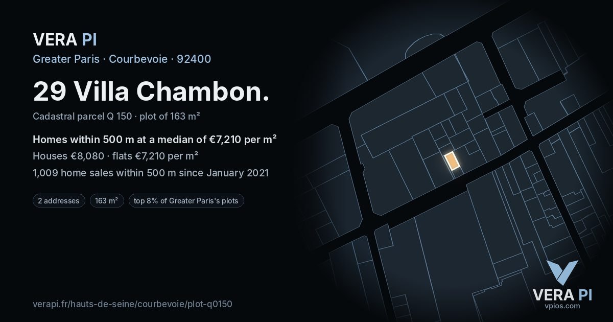 29 Villa Chambon, Courbevoie at night – the plot lit, the parcels around coloured by the prices near them