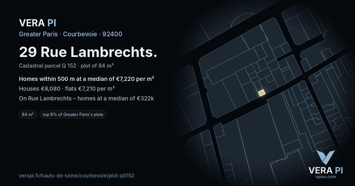 29 Rue Lambrechts, Courbevoie at night – the plot lit, the parcels around coloured by the prices near them