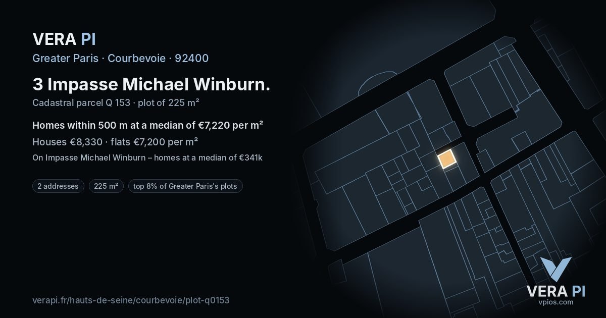 3 Impasse Michael Winburn, Courbevoie at night – the plot lit, the parcels around coloured by the prices near them