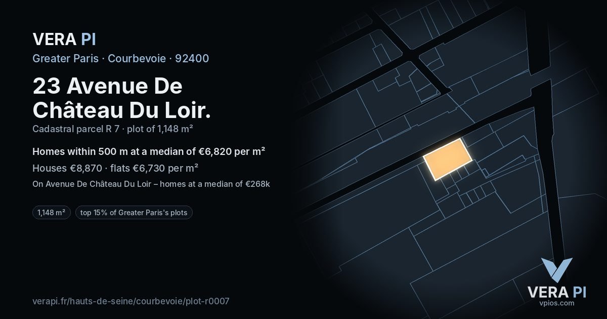 23 Avenue De Château Du Loir, Courbevoie at night – the plot lit, the parcels around coloured by the prices near them