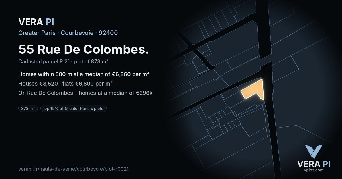 55 Rue De Colombes, Courbevoie at night – the plot lit, the parcels around coloured by the prices near them