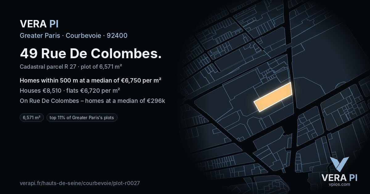 49 Rue De Colombes, Courbevoie at night – the plot lit, the parcels around coloured by the prices near them