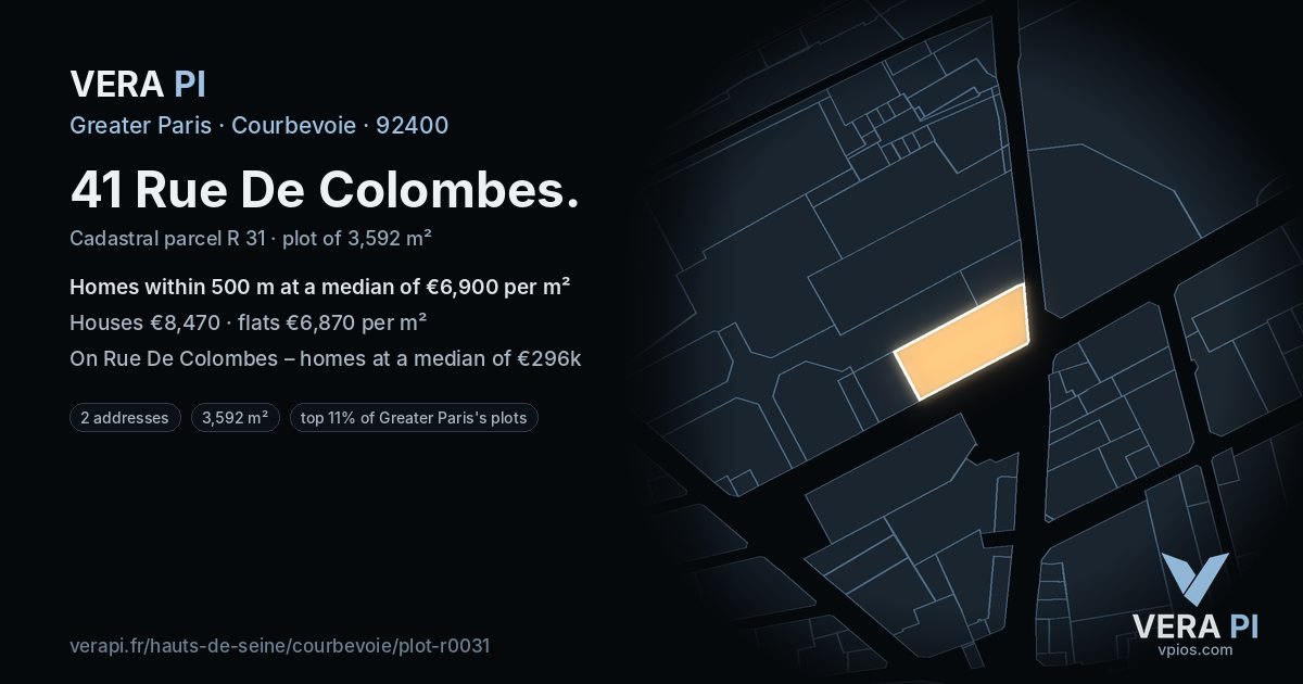41 Rue De Colombes, Courbevoie at night – the plot lit, the parcels around coloured by the prices near them