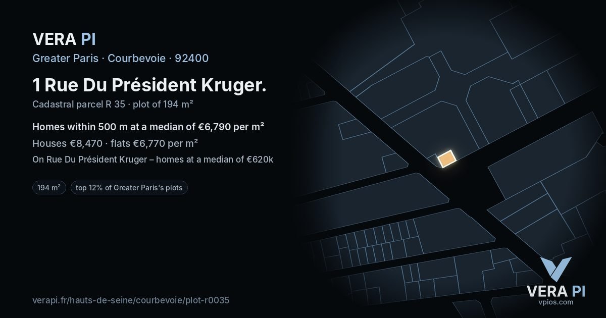 1 Rue Du Président Kruger, Courbevoie at night – the plot lit, the parcels around coloured by the prices near them