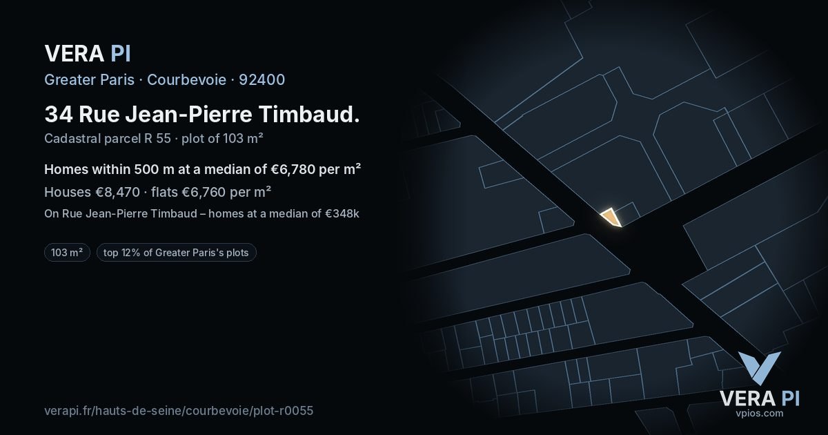 34 Rue Jean-Pierre Timbaud, Courbevoie at night – the plot lit, the parcels around coloured by the prices near them