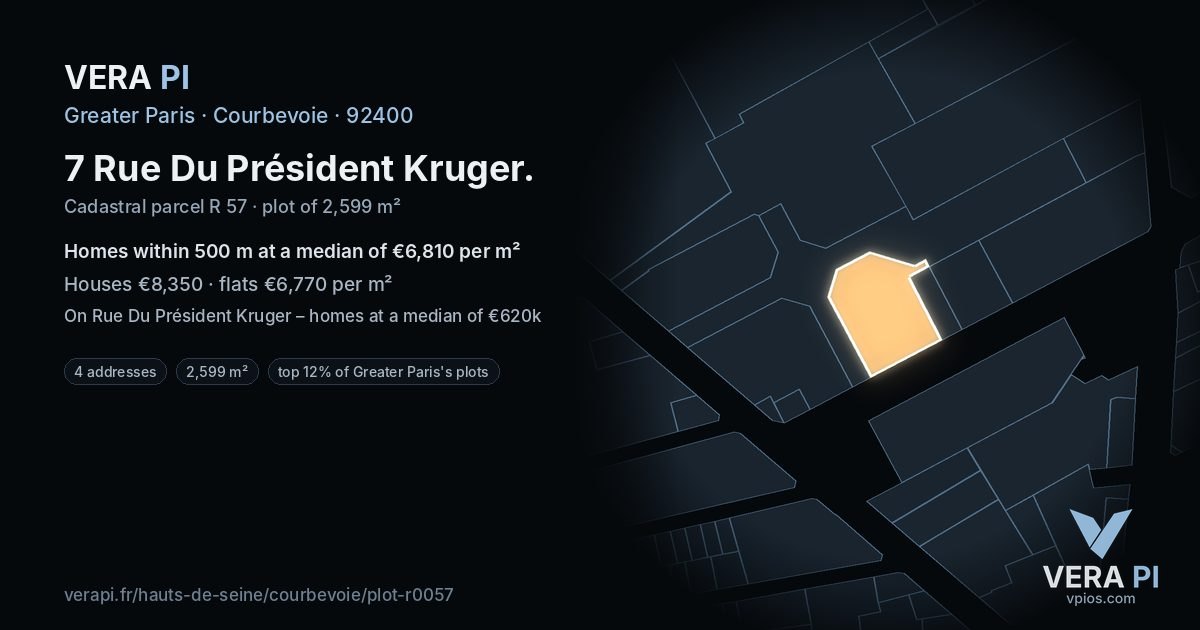 7 Rue Du Président Kruger, Courbevoie at night – the plot lit, the parcels around coloured by the prices near them