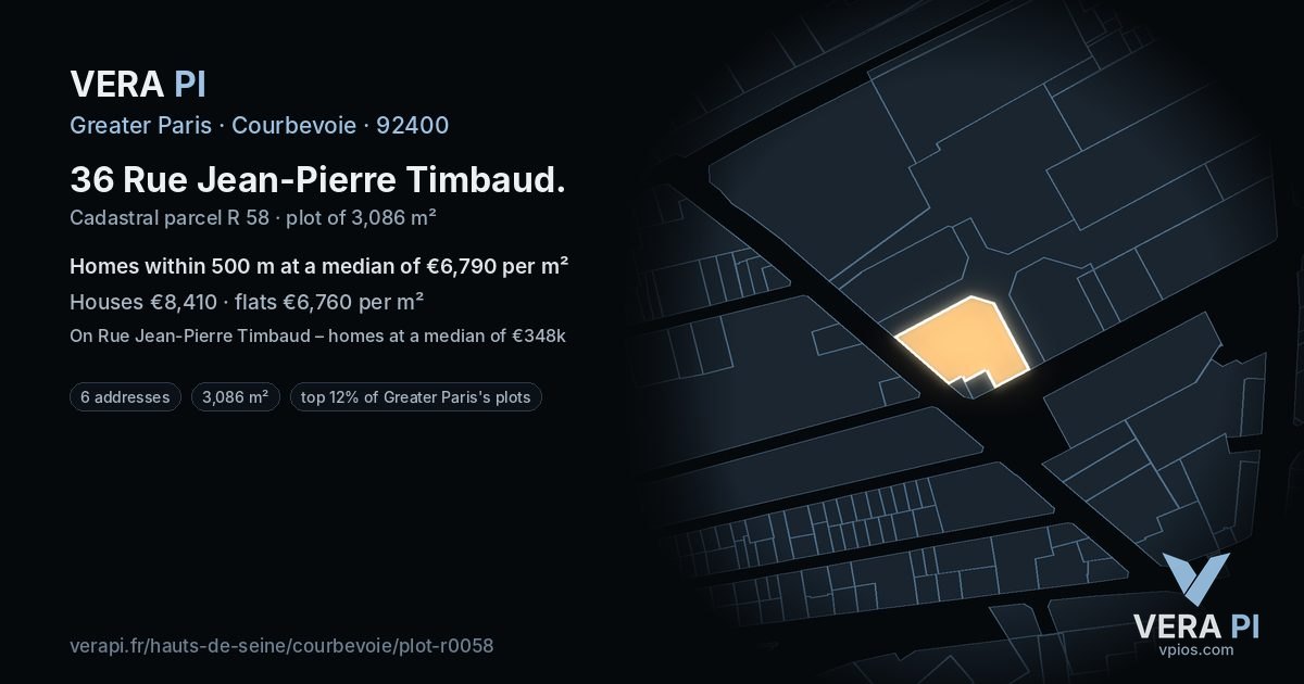36 Rue Jean-Pierre Timbaud, Courbevoie at night – the plot lit, the parcels around coloured by the prices near them