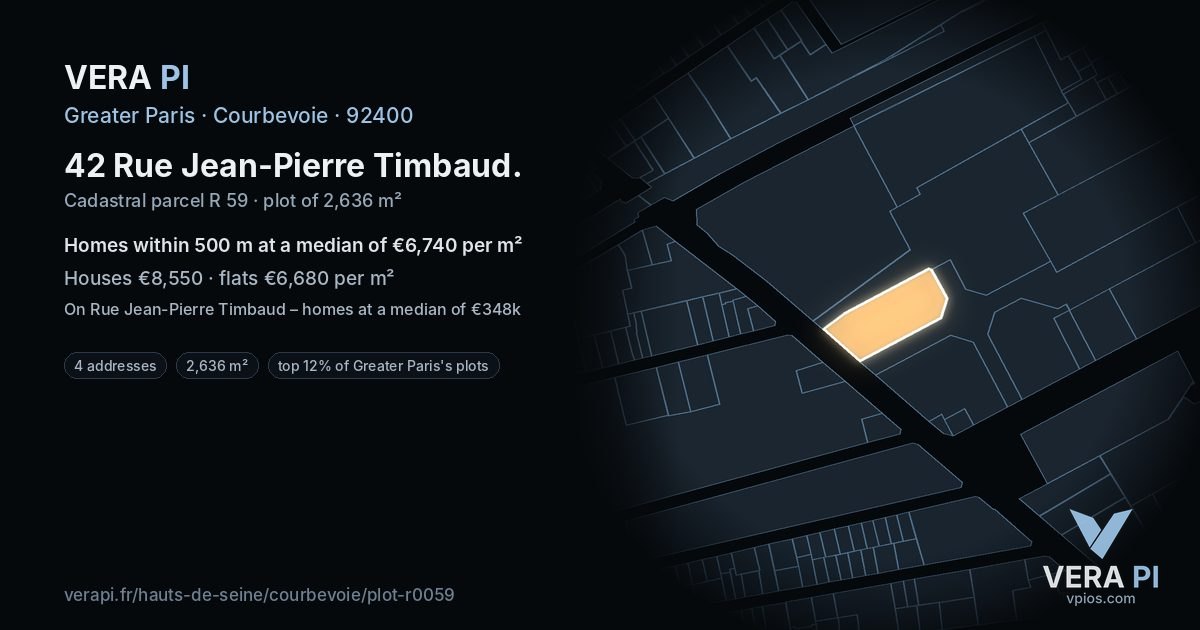 42 Rue Jean-Pierre Timbaud, Courbevoie at night – the plot lit, the parcels around coloured by the prices near them