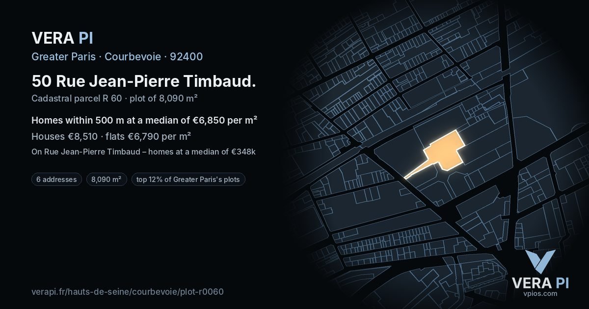 50 Rue Jean-Pierre Timbaud, Courbevoie at night – the plot lit, the parcels around coloured by the prices near them