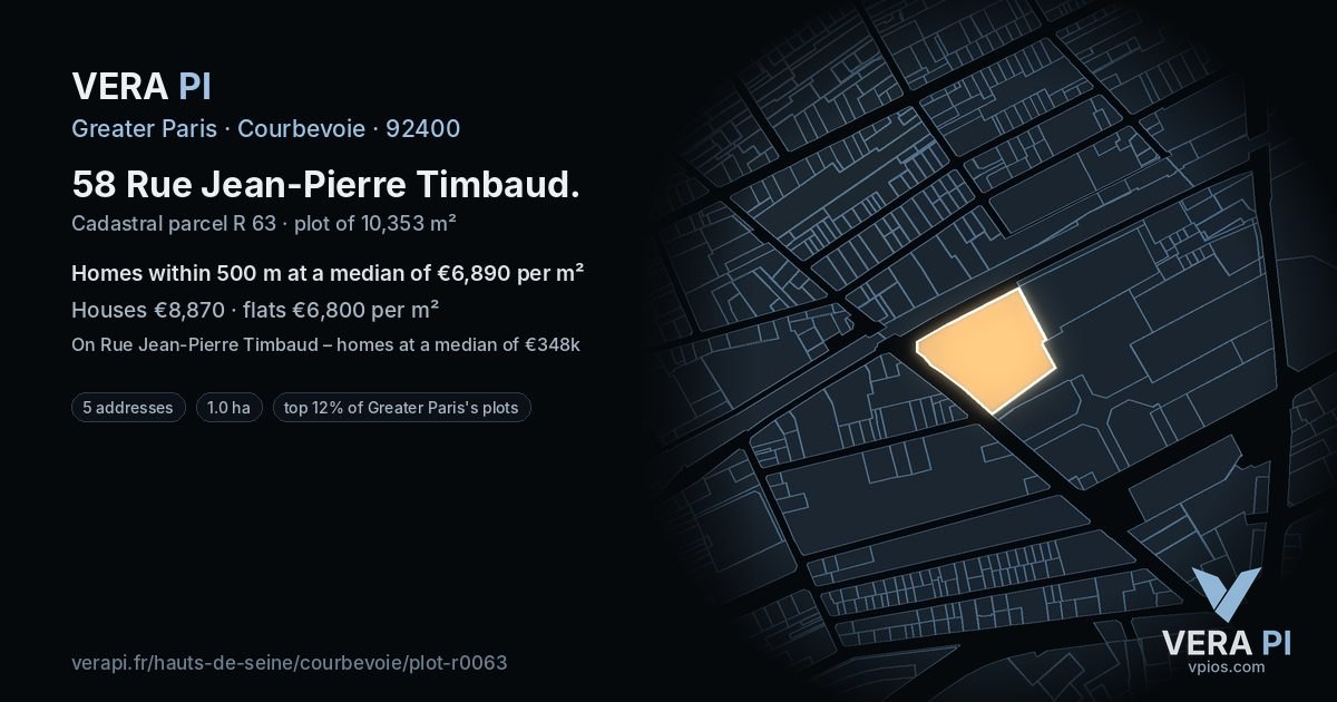 58 Rue Jean-Pierre Timbaud, Courbevoie at night – the plot lit, the parcels around coloured by the prices near them