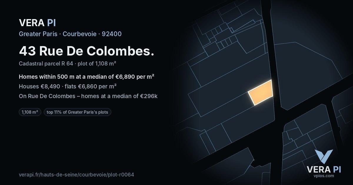 43 Rue De Colombes, Courbevoie at night – the plot lit, the parcels around coloured by the prices near them