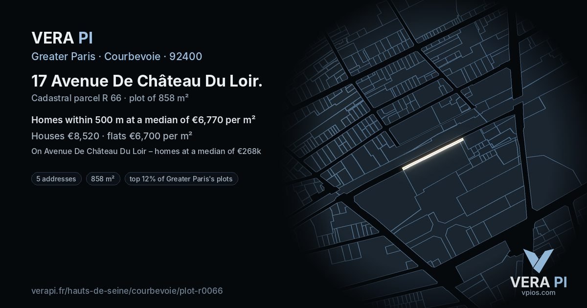 17 Avenue De Château Du Loir, Courbevoie at night – the plot lit, the parcels around coloured by the prices near them