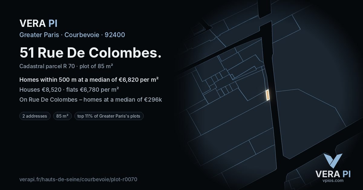 51 Rue De Colombes, Courbevoie at night – the plot lit, the parcels around coloured by the prices near them