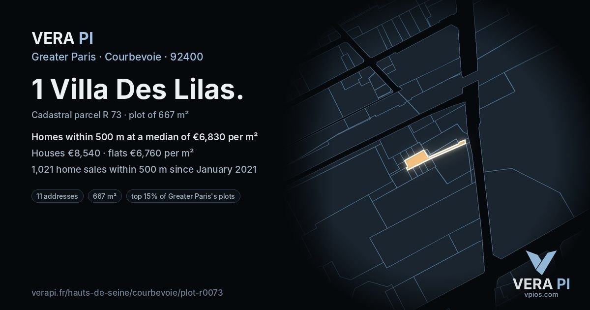 1 Villa Des Lilas, Courbevoie at night – the plot lit, the parcels around coloured by the prices near them