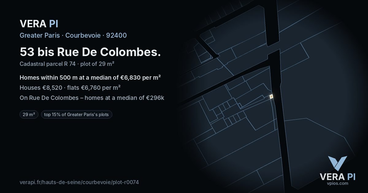 53 bis Rue De Colombes, Courbevoie at night – the plot lit, the parcels around coloured by the prices near them