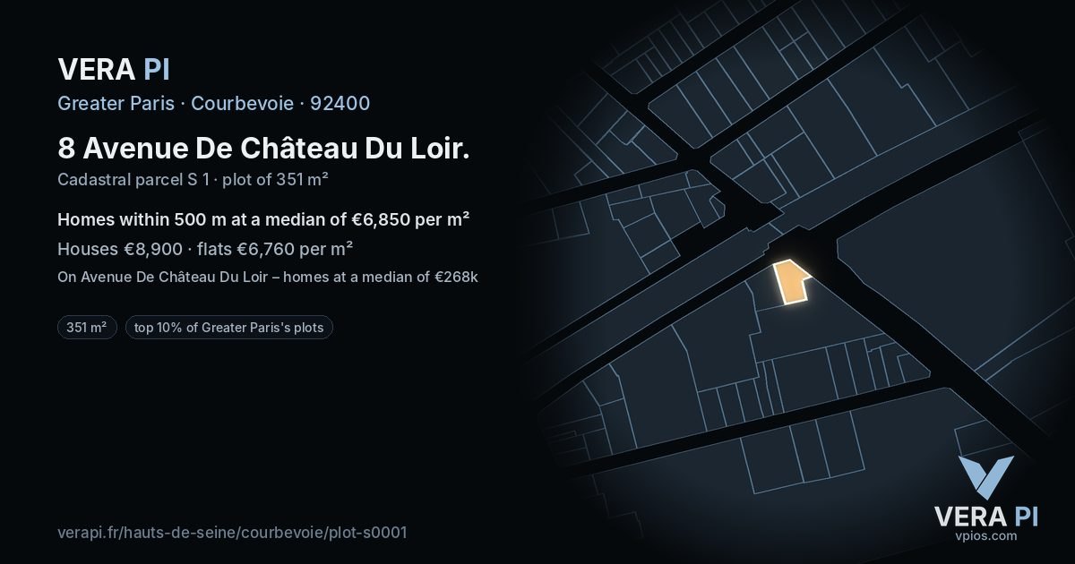 8 Avenue De Château Du Loir, Courbevoie at night – the plot lit, the parcels around coloured by the prices near them