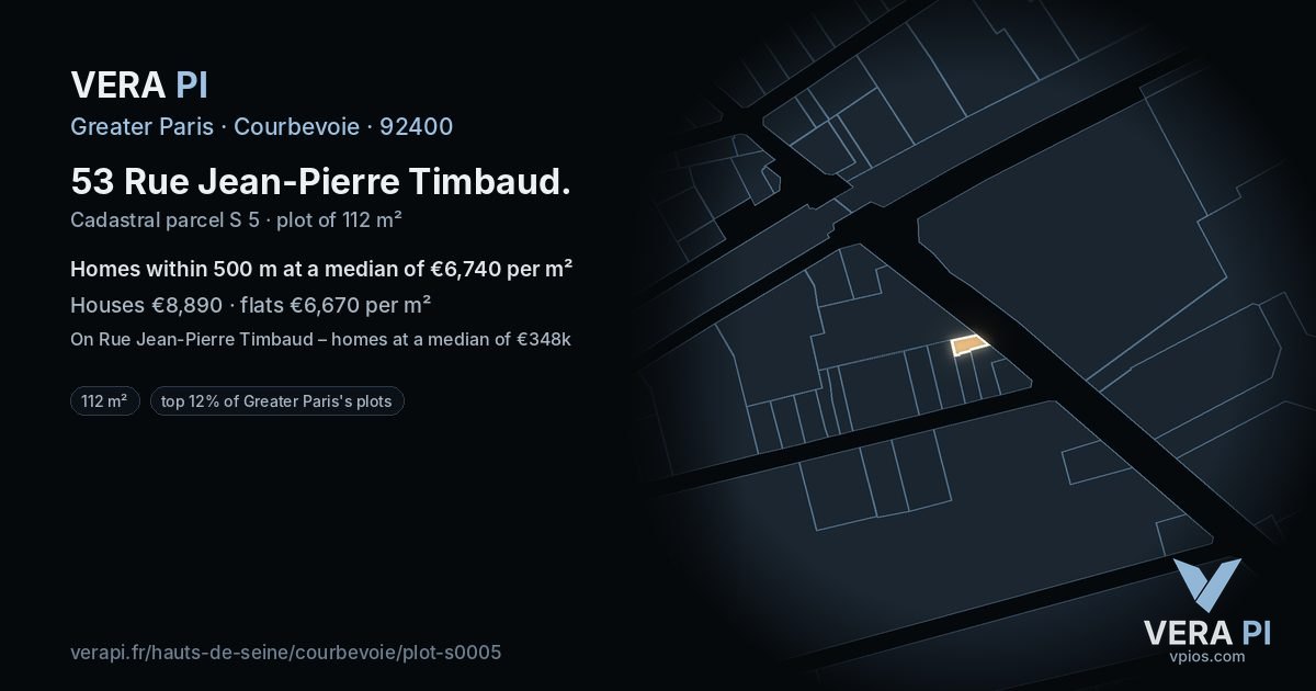 53 Rue Jean-Pierre Timbaud, Courbevoie at night – the plot lit, the parcels around coloured by the prices near them