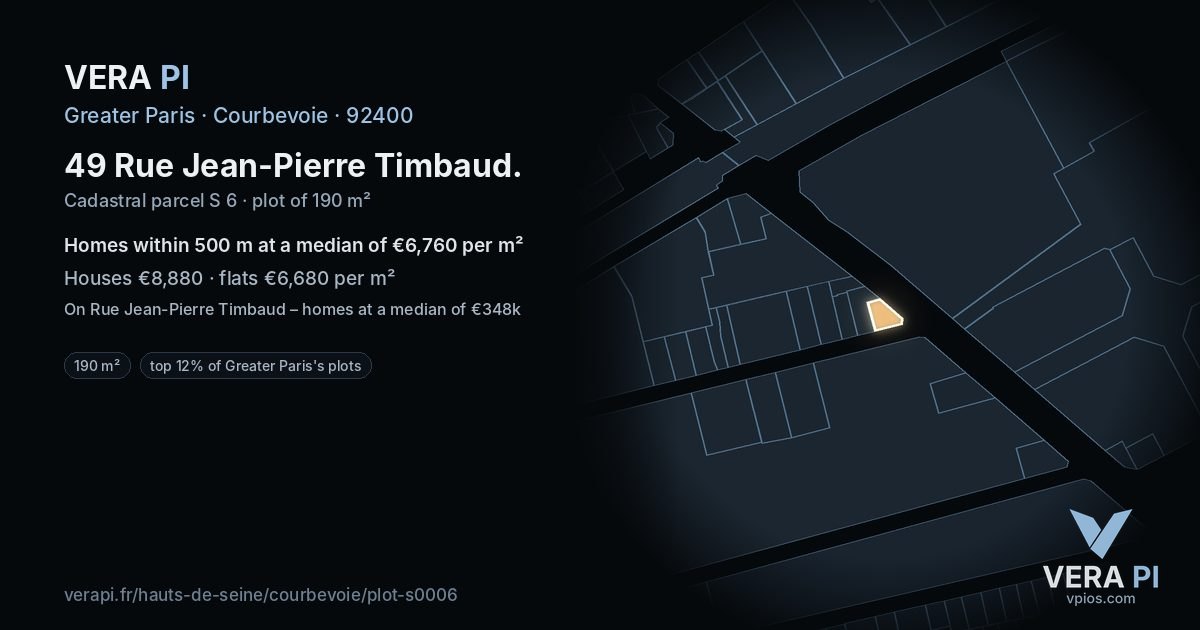 49 Rue Jean-Pierre Timbaud, Courbevoie at night – the plot lit, the parcels around coloured by the prices near them