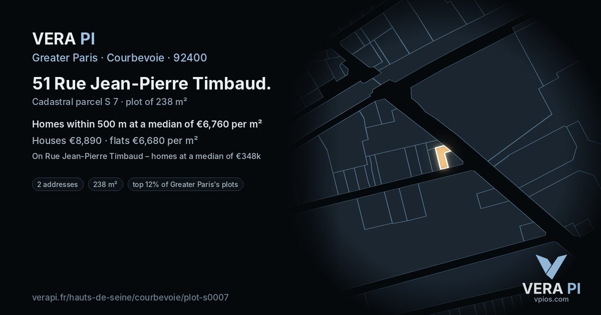 51 Rue Jean-Pierre Timbaud, Courbevoie at night – the plot lit, the parcels around coloured by the prices near them