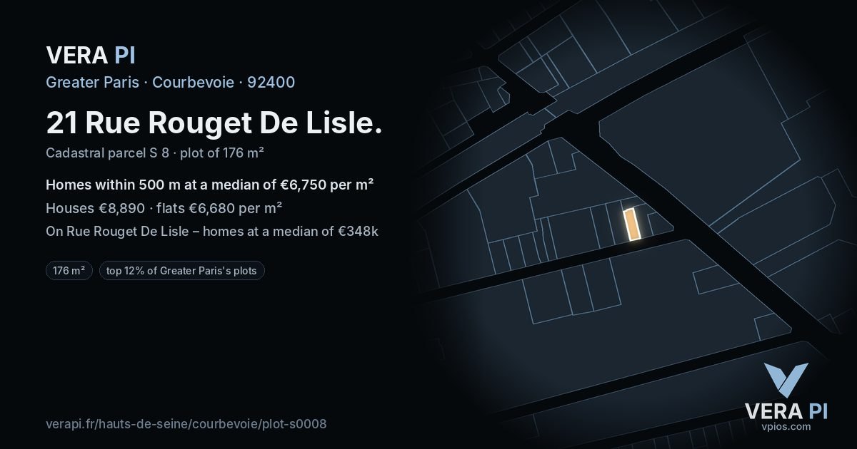 21 Rue Rouget De Lisle, Courbevoie at night – the plot lit, the parcels around coloured by the prices near them