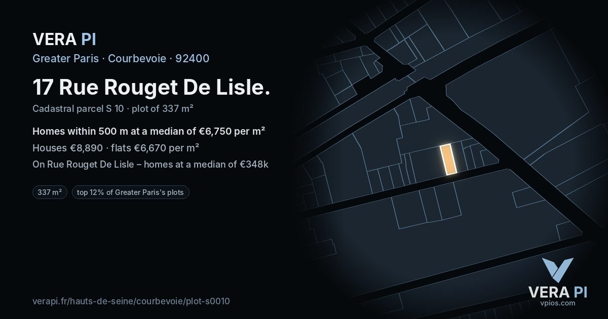 17 Rue Rouget De Lisle, Courbevoie at night – the plot lit, the parcels around coloured by the prices near them