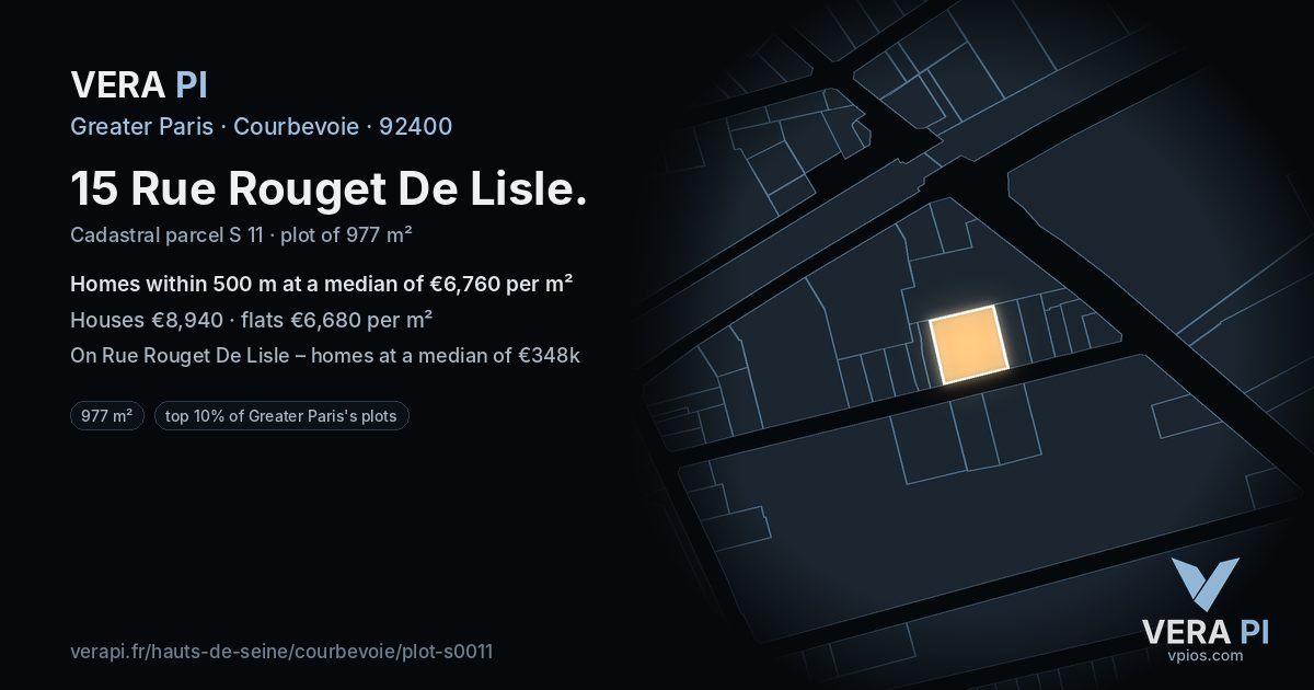 15 Rue Rouget De Lisle, Courbevoie at night – the plot lit, the parcels around coloured by the prices near them