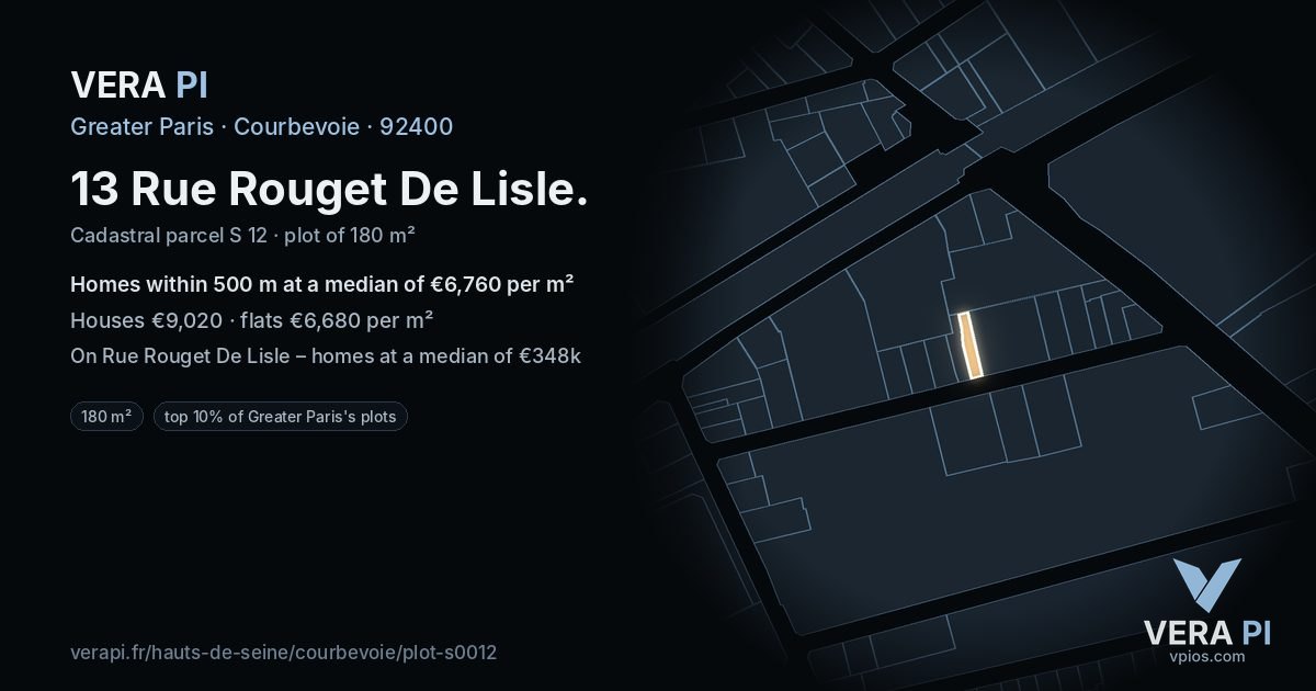 13 Rue Rouget De Lisle, Courbevoie at night – the plot lit, the parcels around coloured by the prices near them