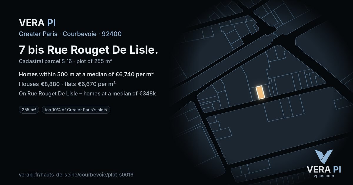 7 bis Rue Rouget De Lisle, Courbevoie at night – the plot lit, the parcels around coloured by the prices near them