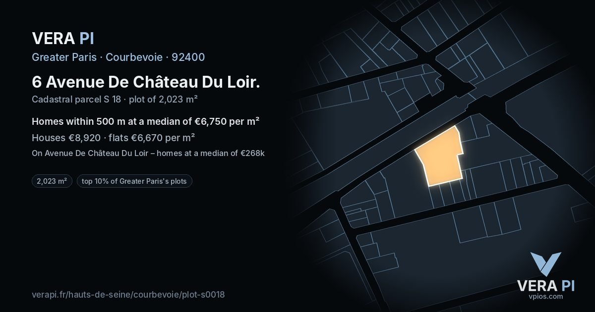 6 Avenue De Château Du Loir, Courbevoie at night – the plot lit, the parcels around coloured by the prices near them