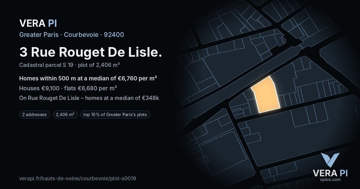 3 Rue Rouget De Lisle, Courbevoie at night – the plot lit, the parcels around coloured by the prices near them