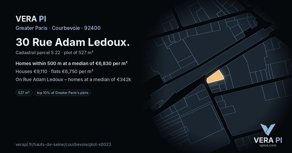 30 Rue Adam Ledoux, Courbevoie at night – the plot lit, the parcels around coloured by the prices near them
