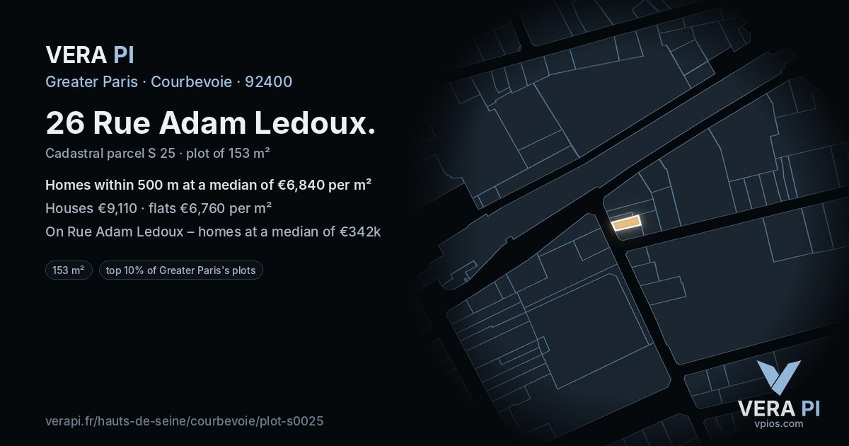 26 Rue Adam Ledoux, Courbevoie at night – the plot lit, the parcels around coloured by the prices near them