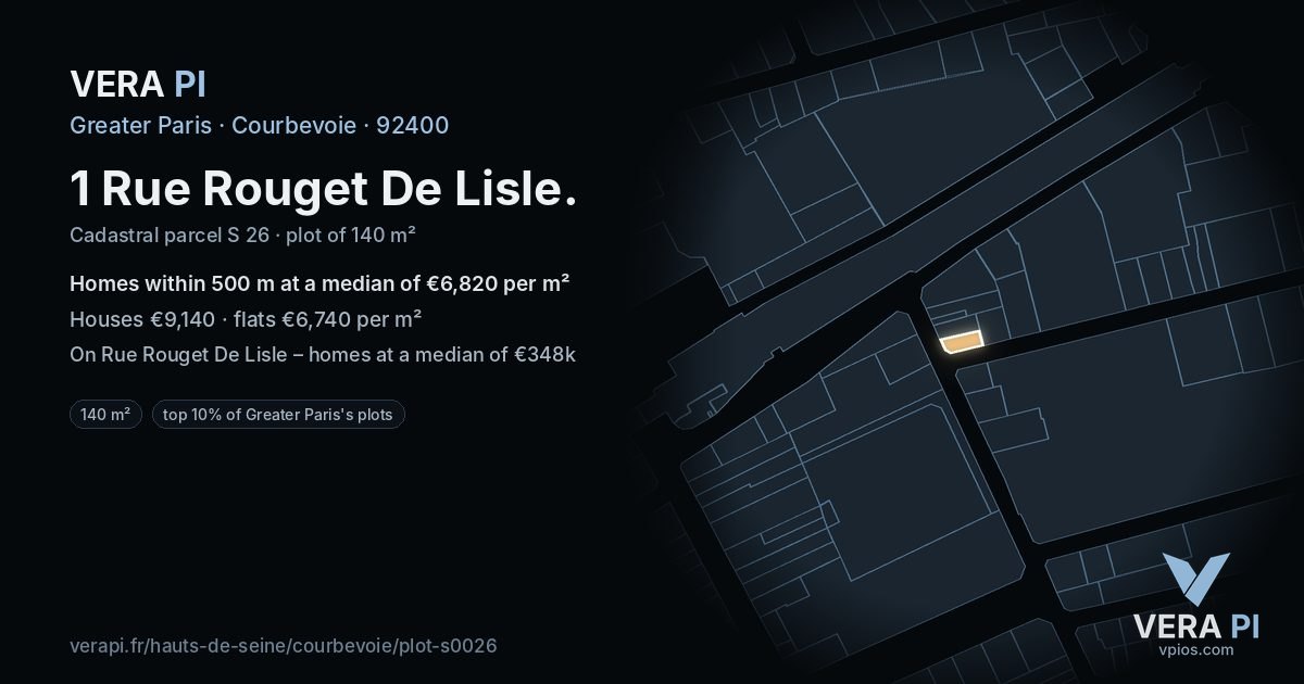 1 Rue Rouget De Lisle, Courbevoie at night – the plot lit, the parcels around coloured by the prices near them