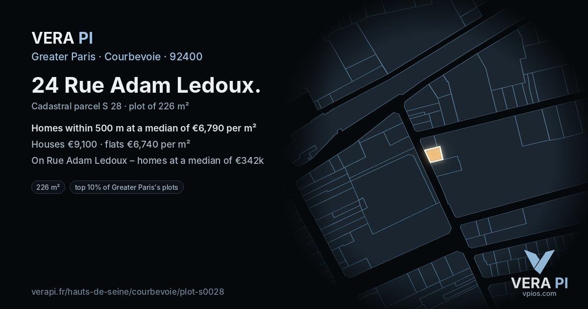 24 Rue Adam Ledoux, Courbevoie at night – the plot lit, the parcels around coloured by the prices near them