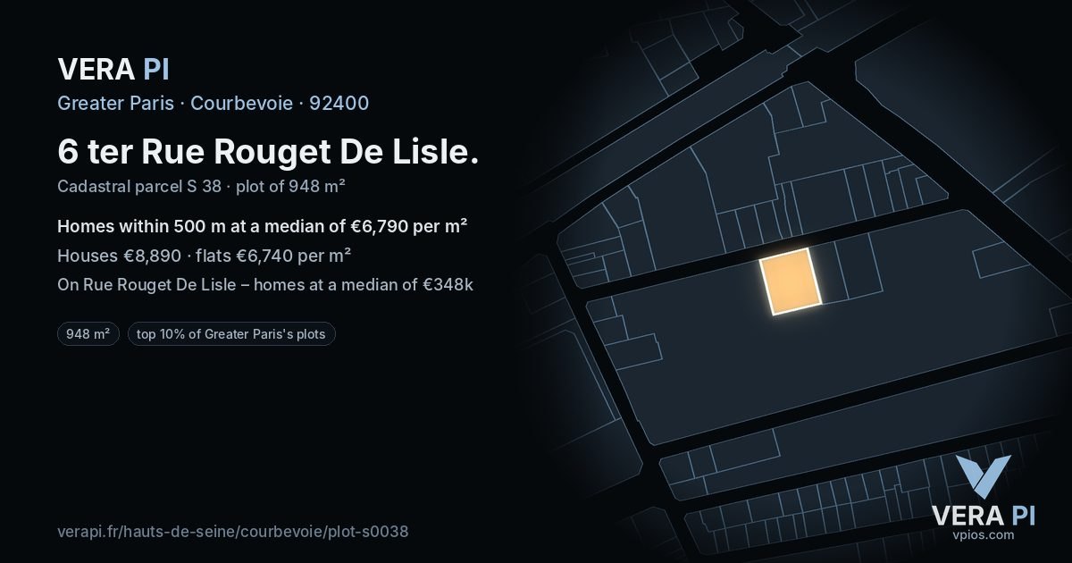 6 ter Rue Rouget De Lisle, Courbevoie at night – the plot lit, the parcels around coloured by the prices near them
