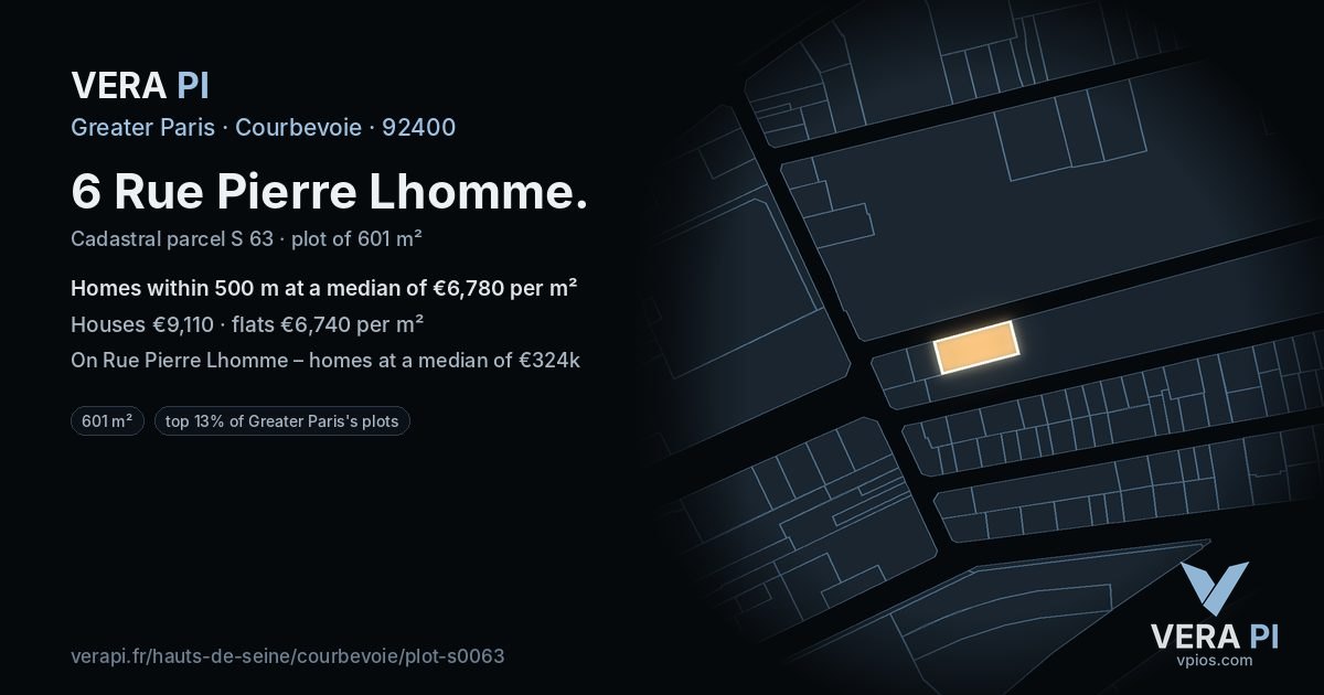 6 Rue Pierre Lhomme, Courbevoie at night – the plot lit, the parcels around coloured by the prices near them