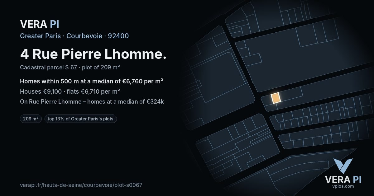 4 Rue Pierre Lhomme, Courbevoie at night – the plot lit, the parcels around coloured by the prices near them